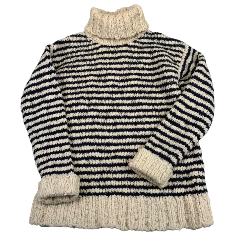 New Scotland Merino Wool Turtleneck Sweater Cream Navy Stripe Coastal Nautical S